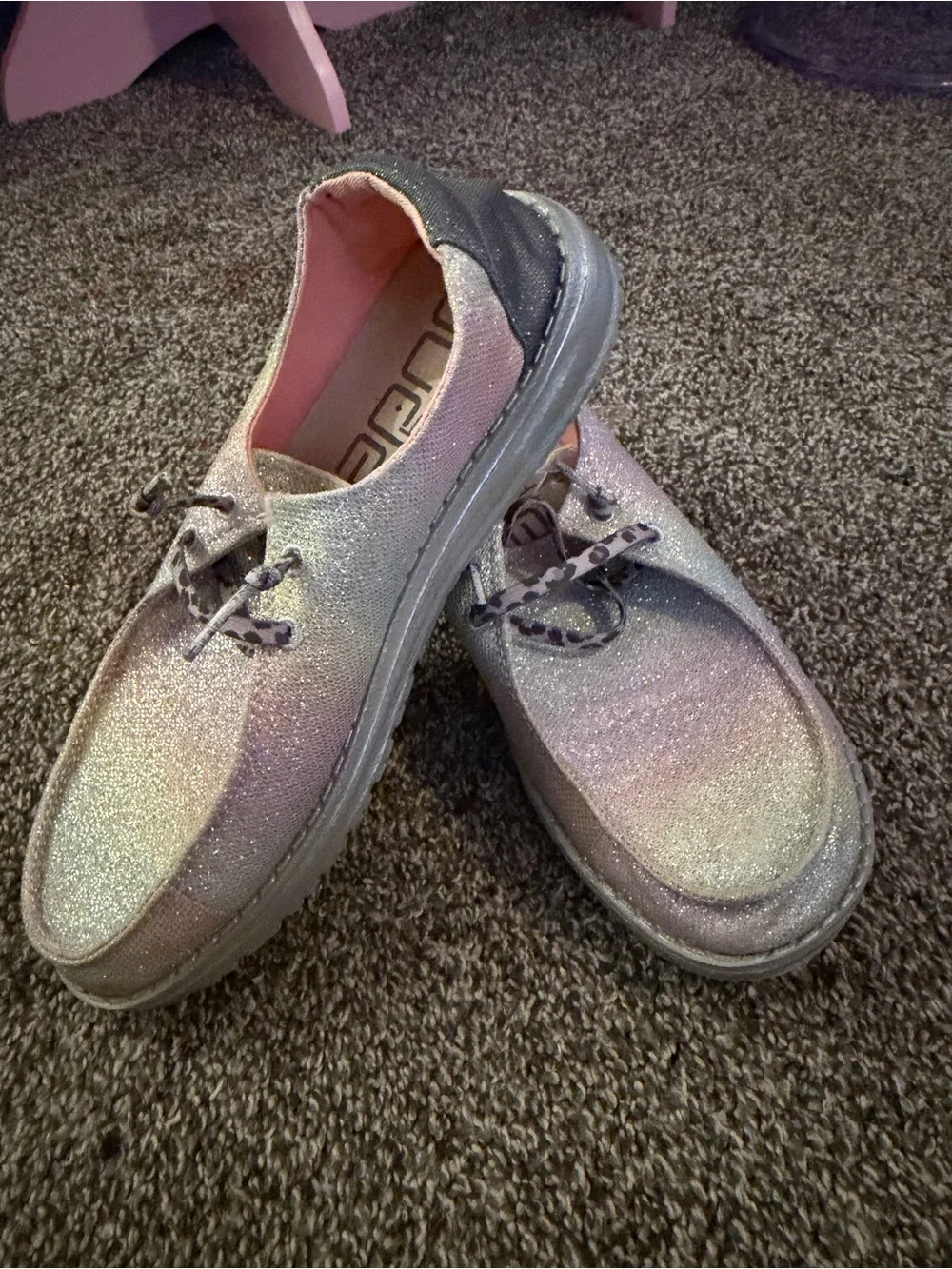 Hey Dude Kids Glitter Slip-On Moccasins in Iridescent Silver-Pink